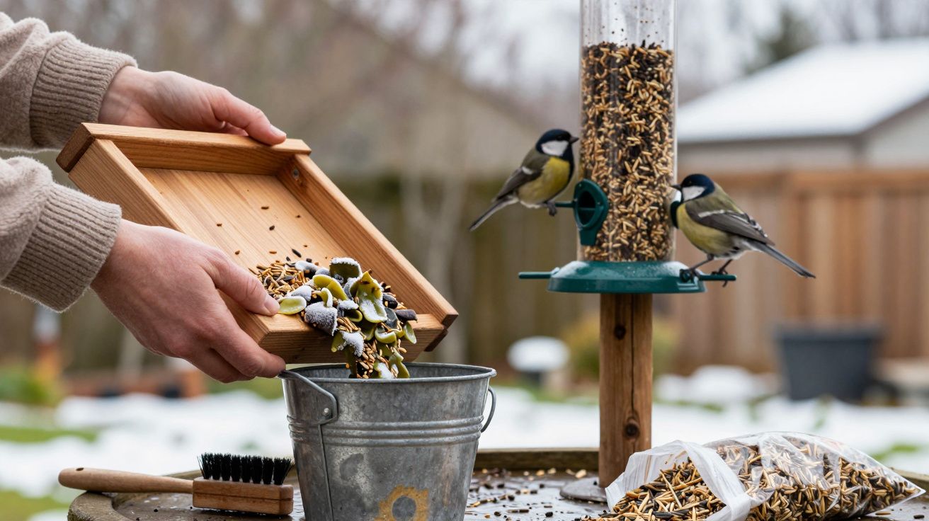 Pessoa despejando mistura de sementes em balde próximo a comedouro com dois pássaros em jardim nevado.