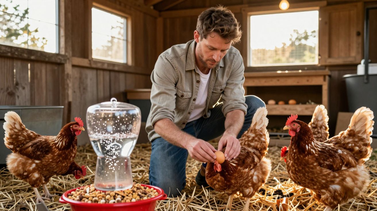 Homem coletando ovo de galinha em galinheiro com várias galinhas ao redor.