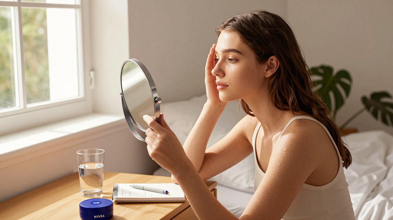 Mulher aplicando creme no rosto sentada perto de janela com mesa, espelho e bloco de notas.