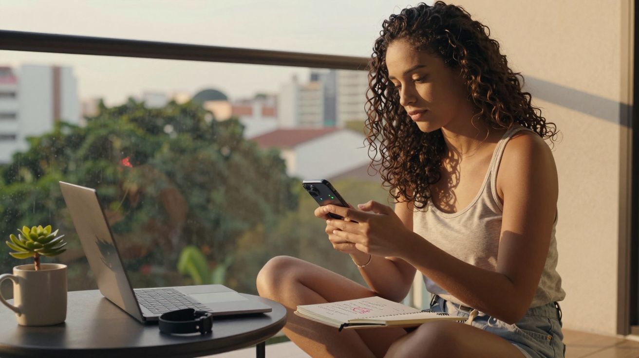 Mulher negra com cabelos cacheados usa celular sentada na varanda com laptop e caderno à sua frente.