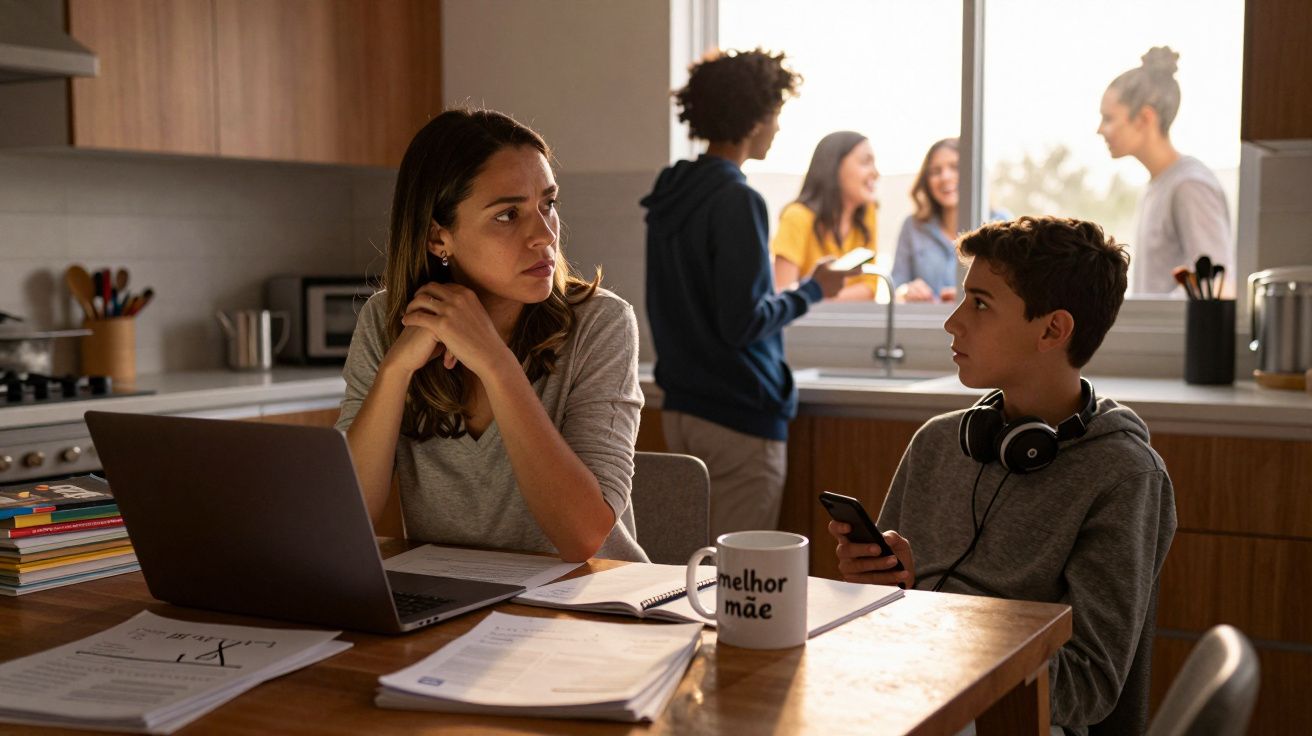 Mulher preocupada e garoto com fone de ouvido em mesa com laptop, enquanto três jovens conversam na janela.