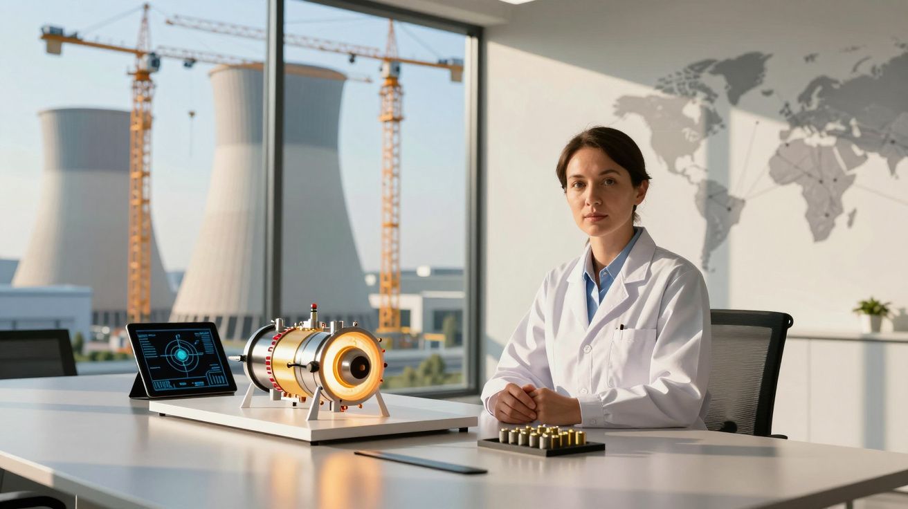 Mulher cientista com jaleco branco em escritório com modelo de reator e central nuclear ao fundo.