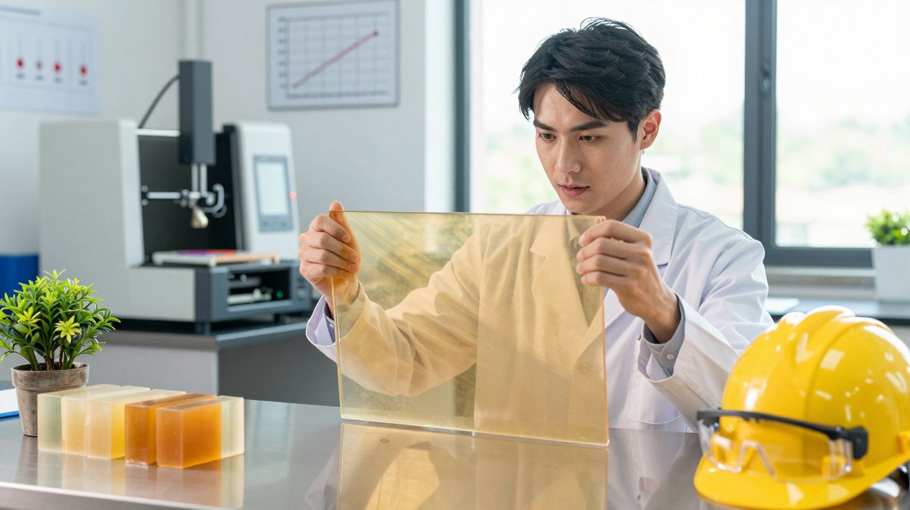 Cientista em laboratório analisando uma amostra transparente, com capacete e blocos coloridos na mesa.