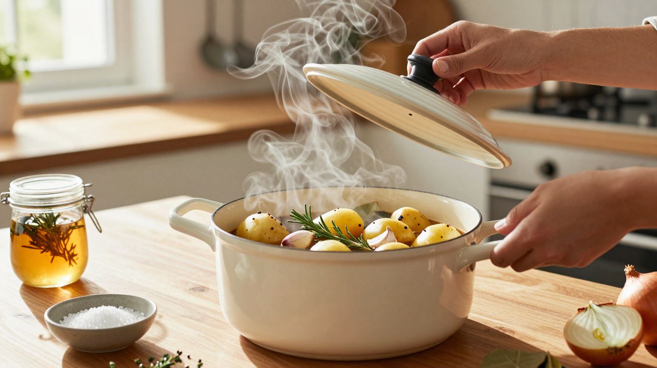 Mãos removendo a tampa de panela com batatas, alho e alecrim soltando vapor em cozinha iluminada.