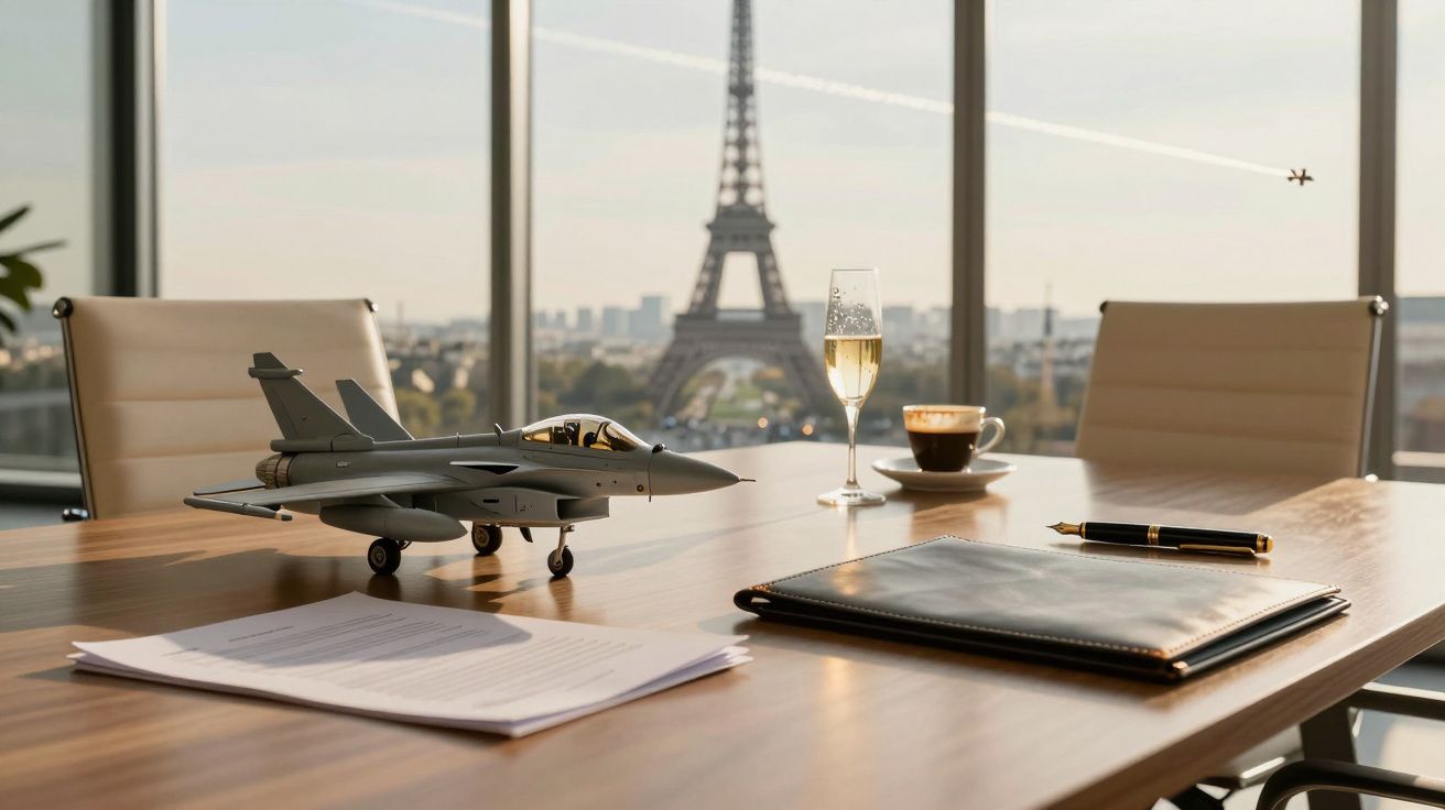 Mesa de escritório com miniatura de avião, documentos, café e champanhe, Torre Eiffel ao fundo.