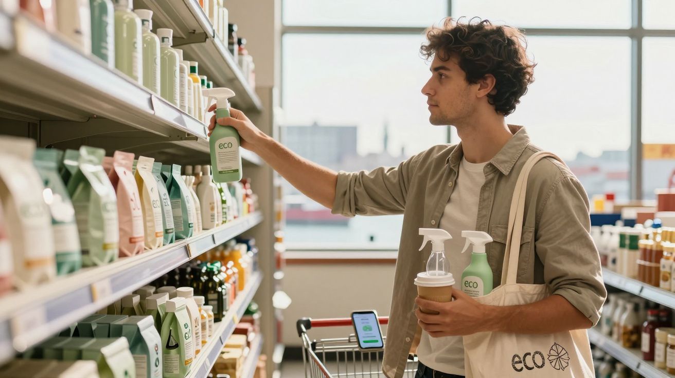 Jovem em supermercado pegando produto de limpeza eco-friendly na prateleira enquanto segura dois frascos e copo.