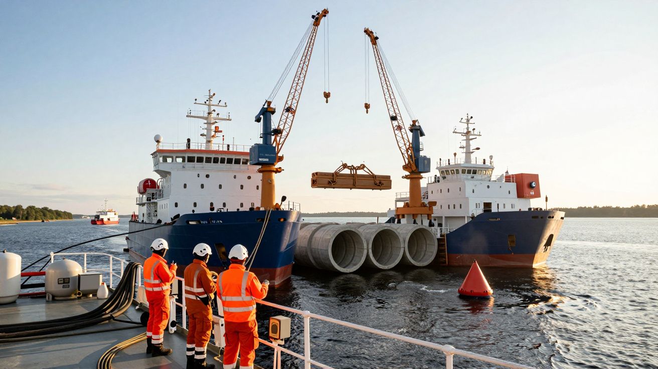 Três trabalhadores com roupas laranja supervisionam barcos carregando grandes tubos de concreto no mar.