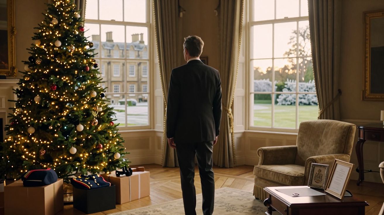 Homem de terno olhando pela janela ao lado de árvore de Natal com presentes em sala elegante.