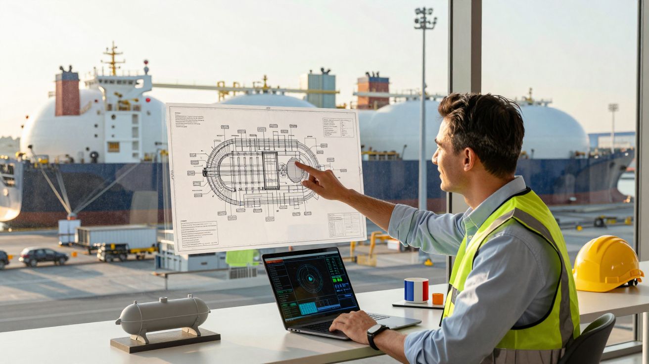 Engenheiro em colete refletivo analisa planta de navio com navios e porto ao fundo pela janela.