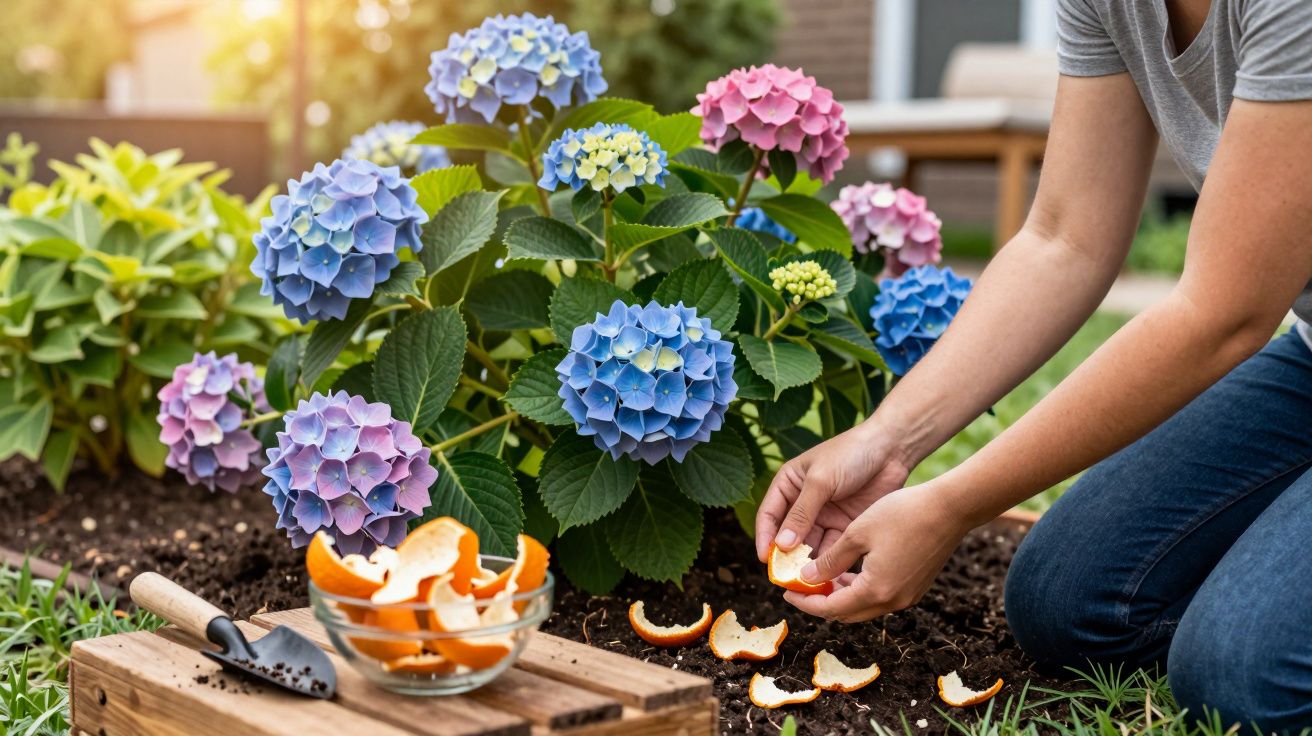 Pessoa colocando cascas de laranja no solo perto de flores de hortênsia coloridas em um jardim ensolarado.
