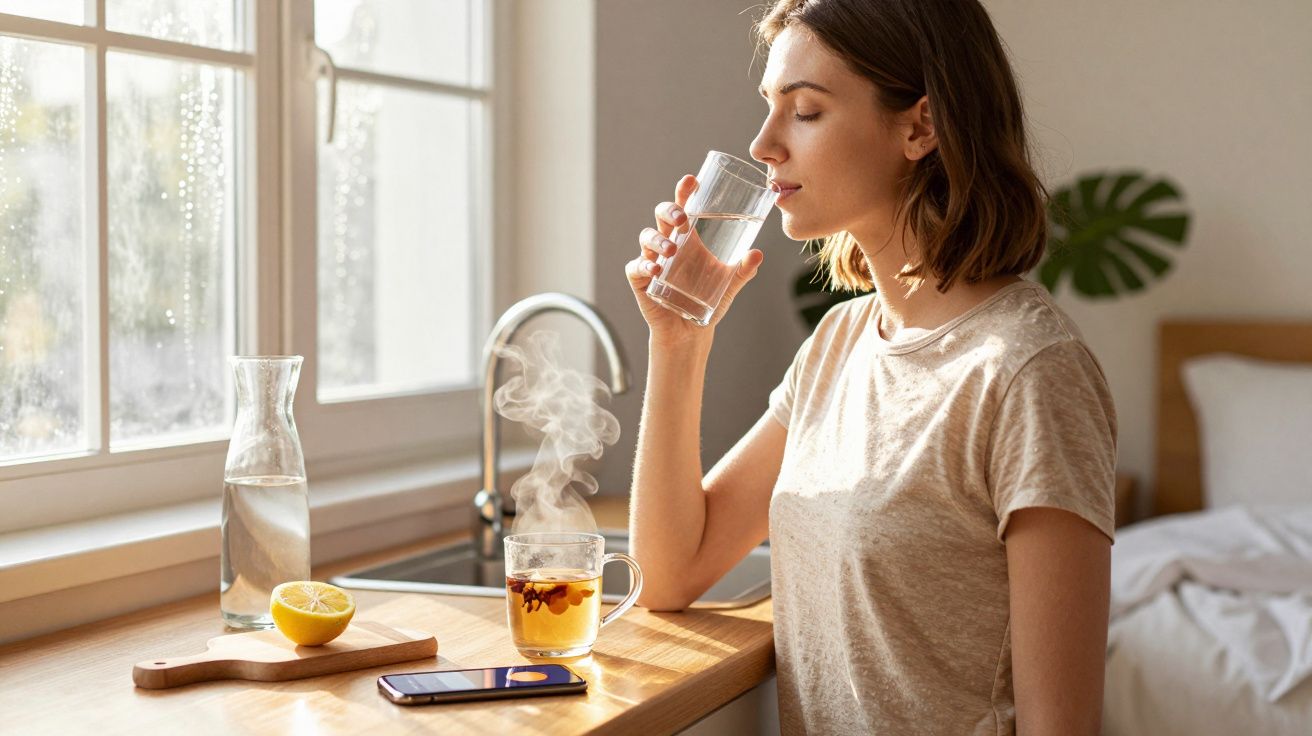 Mulher bebendo água em cozinha iluminada, com chá quente, limão, jarra de água e celular na bancada.