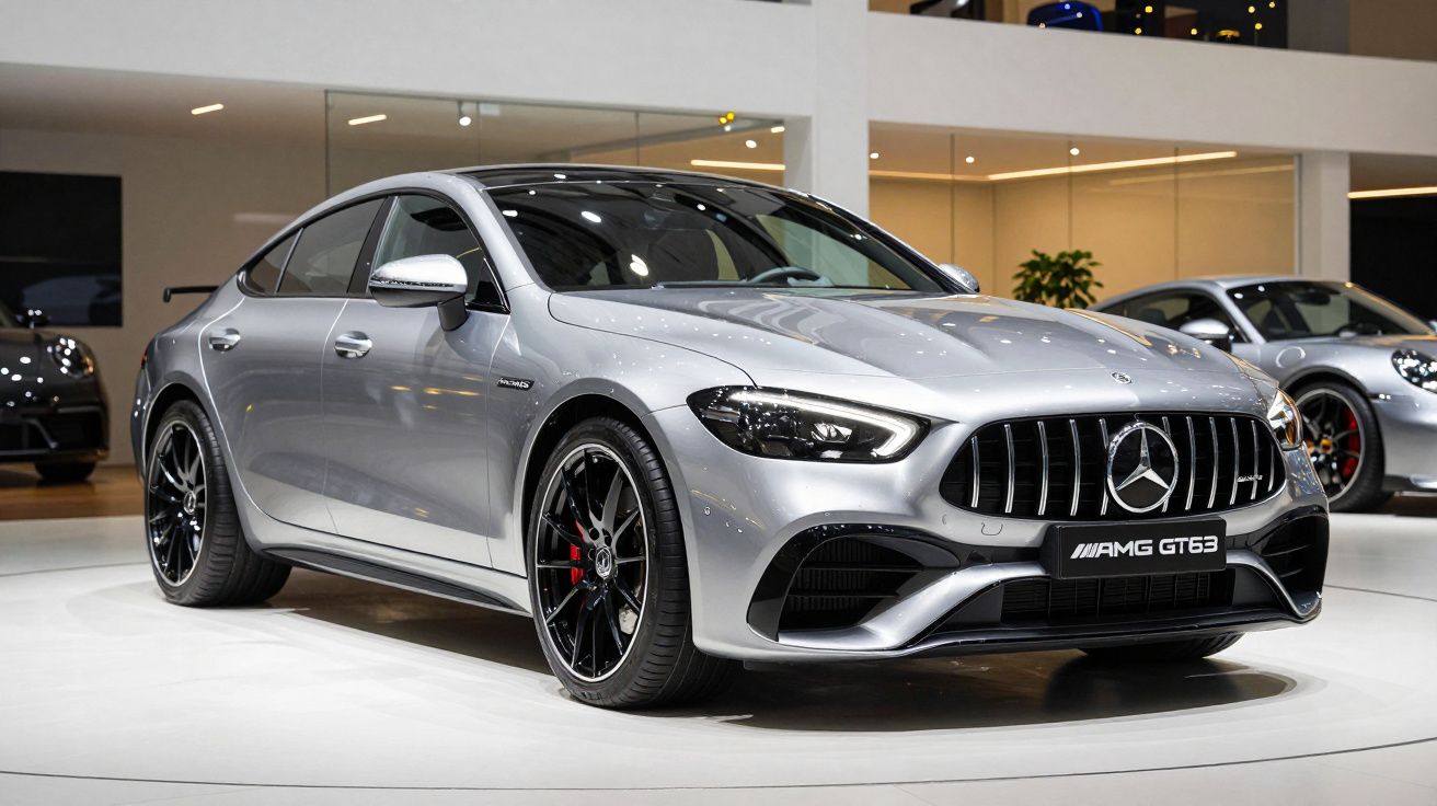 Carro esportivo prata Mercedes AMG GT 63 exposto em salão automotivo com rodas pretas e detalhes em vermelho.