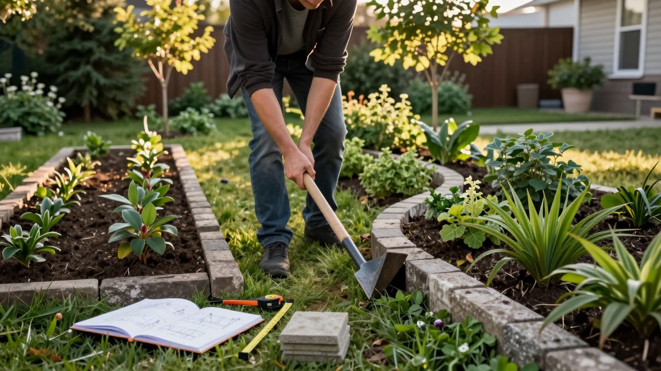 Pessoa cavando em jardim com plantas, livro de anotações aberto e ferramentas no gramado.