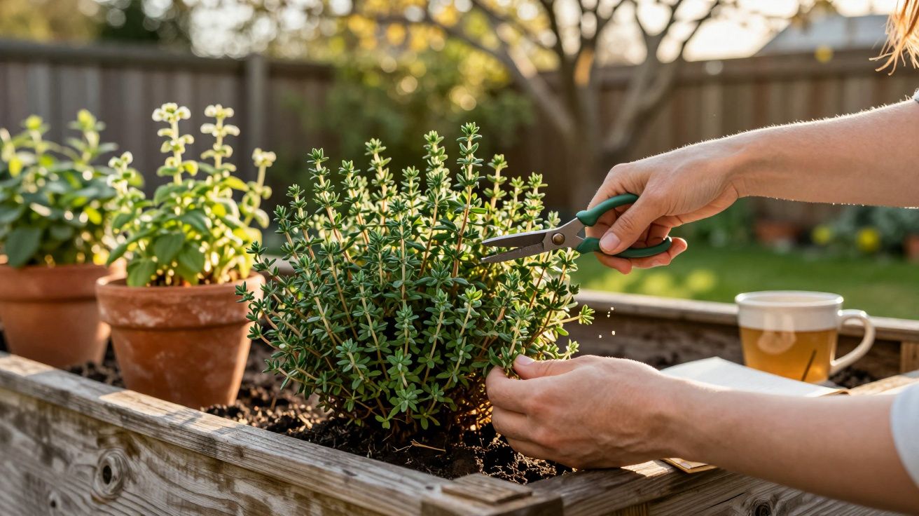 Pessoa podando planta de ervas com tesoura em jardim com vasos e xícara ao fundo.