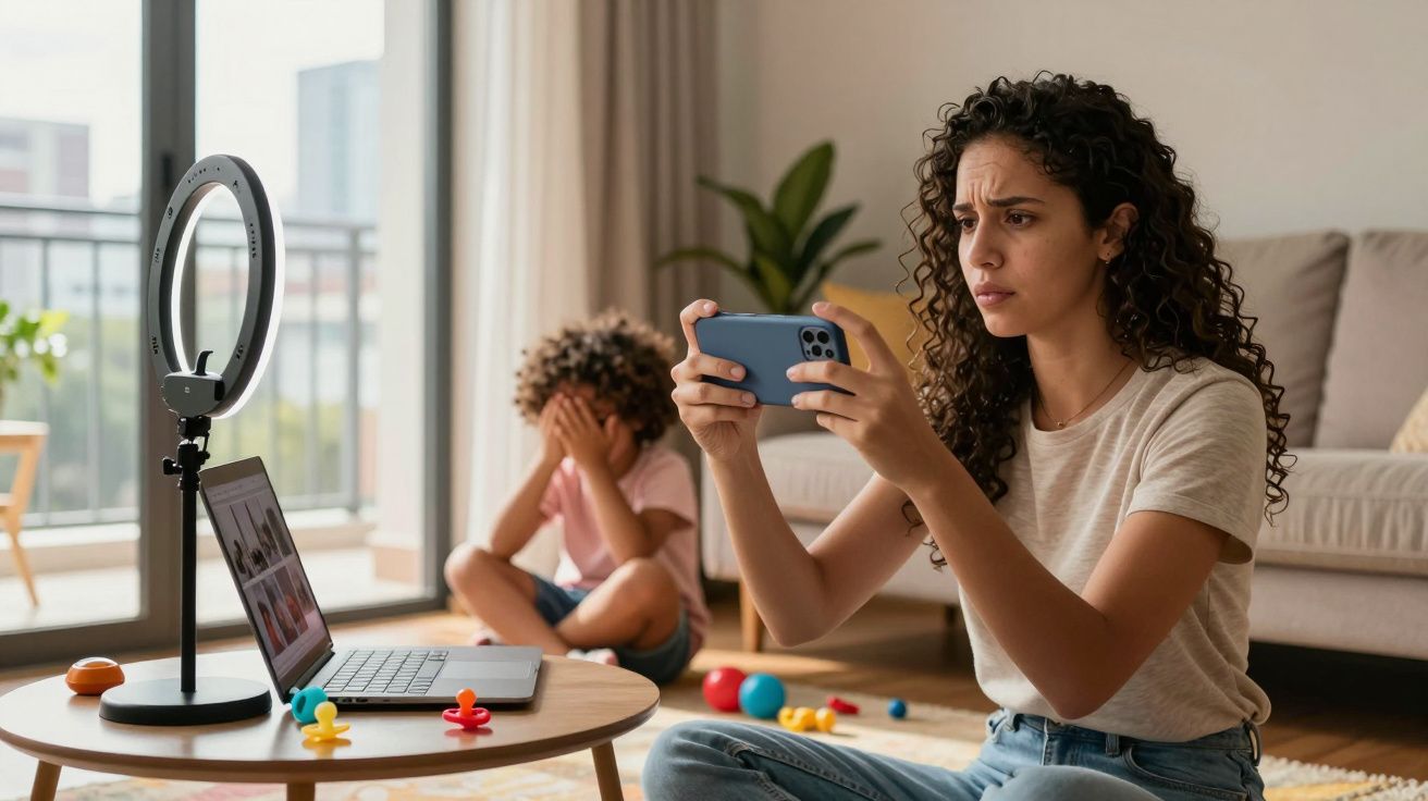 Mulher concentrada grava vídeo no celular enquanto criança está sentada ao fundo tampando o rosto.