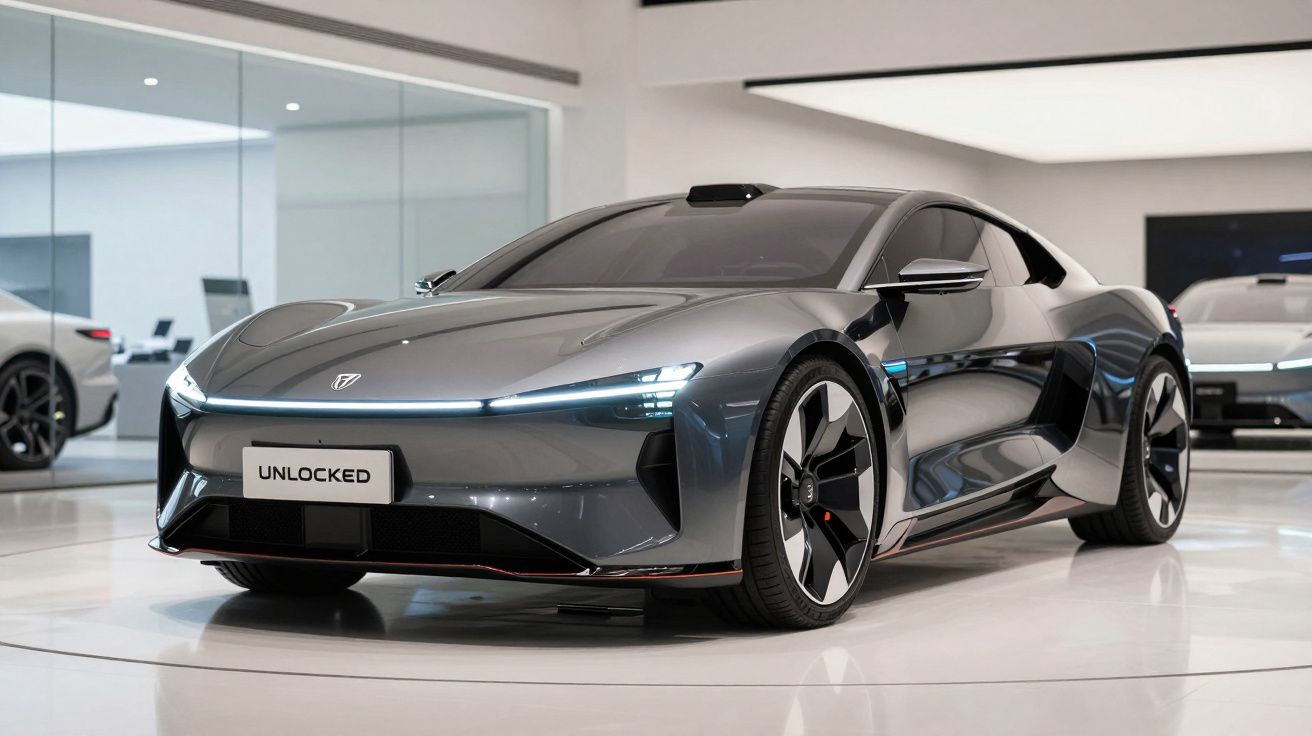 Carro esportivo elétrico cinza-metalizado exibido em showroom moderno e iluminado.