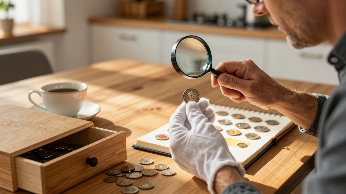 Pessoa usando luvas brancas e lupa para examinar moedas antigas em álbum com caixa de madeira e xícara de café na mesa