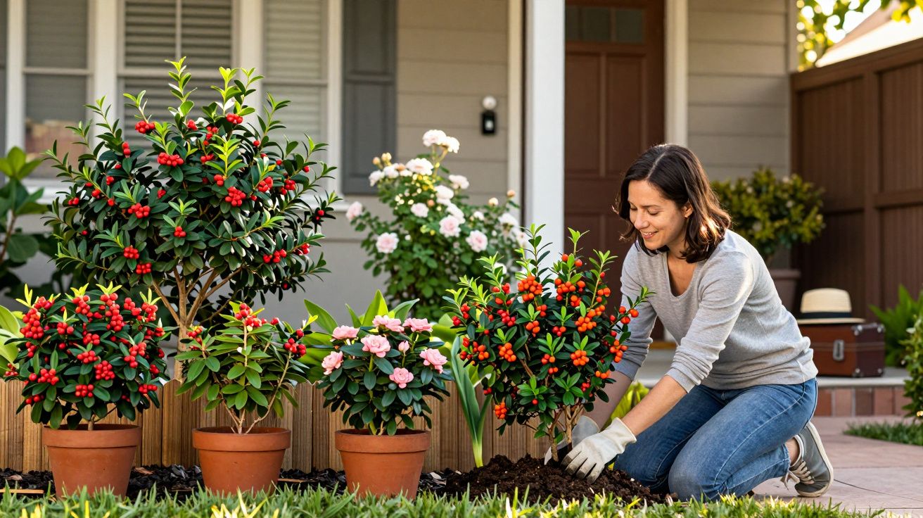 Mulher cuidando de plantas com frutas vermelhas e flores em vaso no jardim de casa.