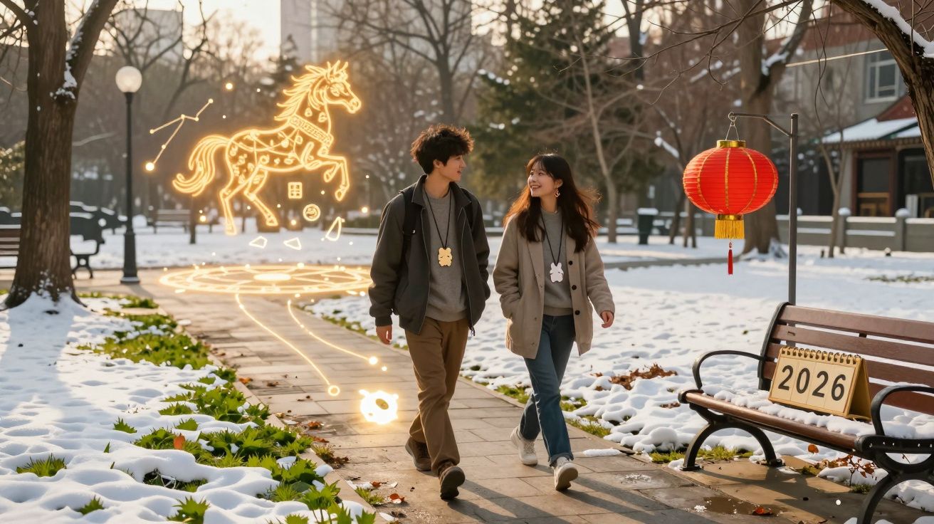 Casal jovem caminhando em parque com neve, cavalo de luz dourada e lanterna chinesa vermelha no cenário.