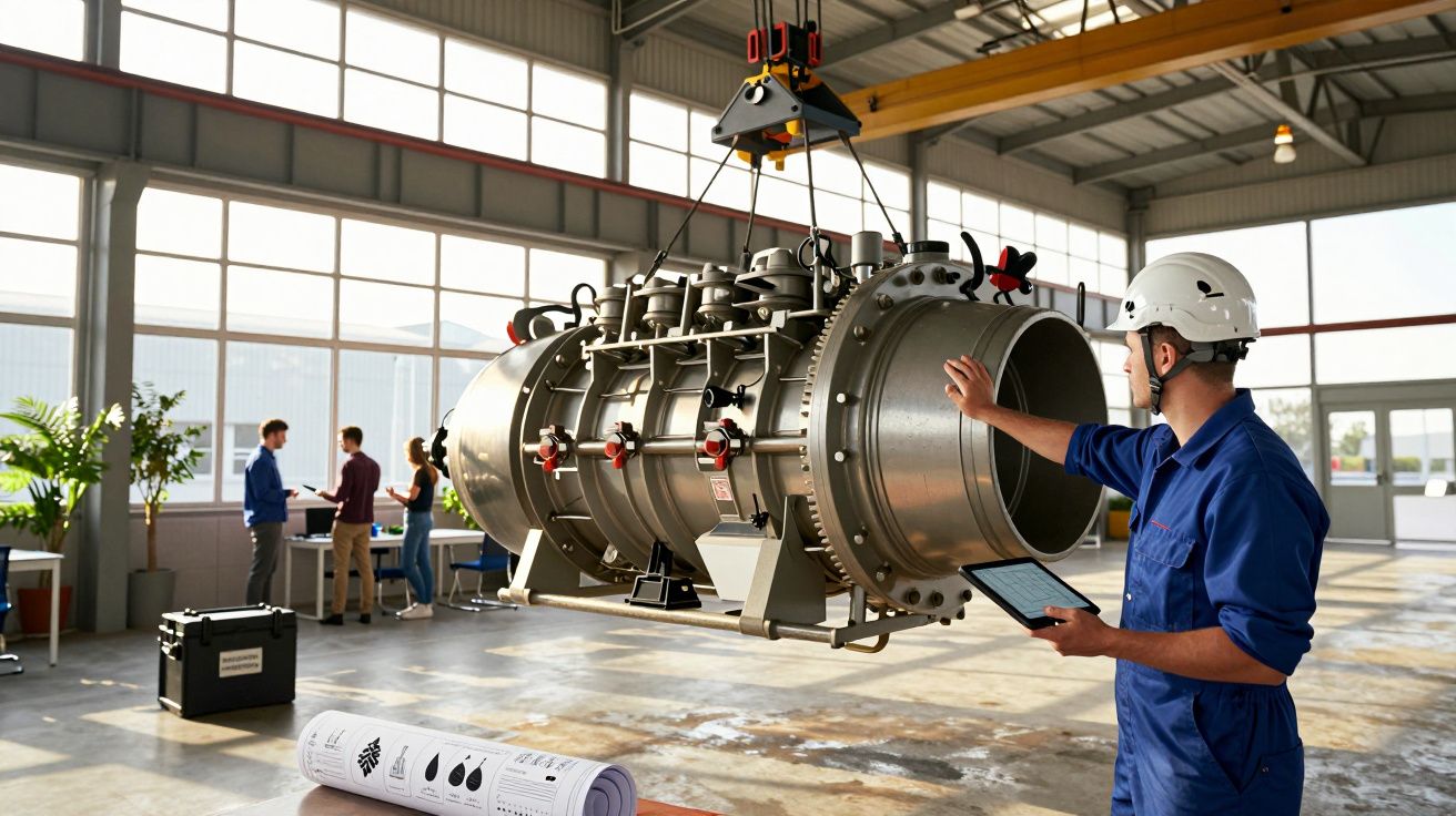 Engenheiro com capacete inspeciona equipamento industrial suspenso em fábrica ampla e iluminada.