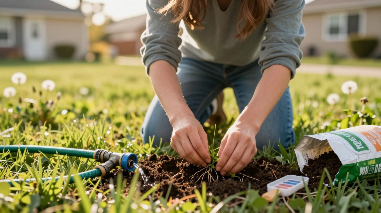 Pessoa plantando mudas na terra em um jardim com mangueira e saco de adubo ao lado.