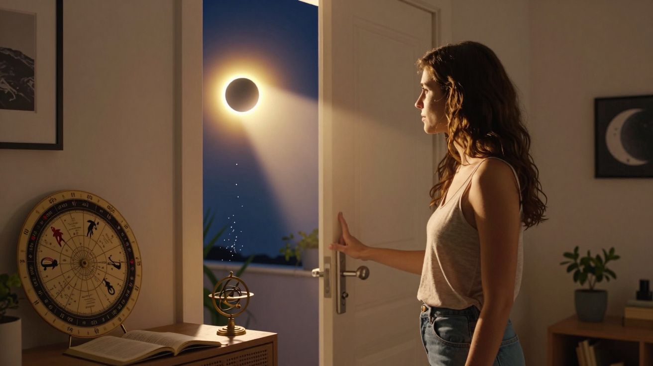 Mulher abre porta para eclipse solar de noite, com objetos astronômicos dentro do quarto.