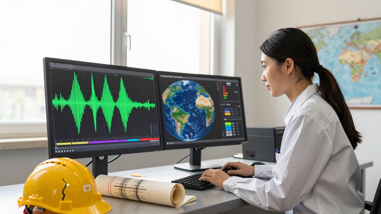 Mulher analisando dados sísmicos em dois monitores enquanto trabalha em escritório com capacete e mapa ao fundo.