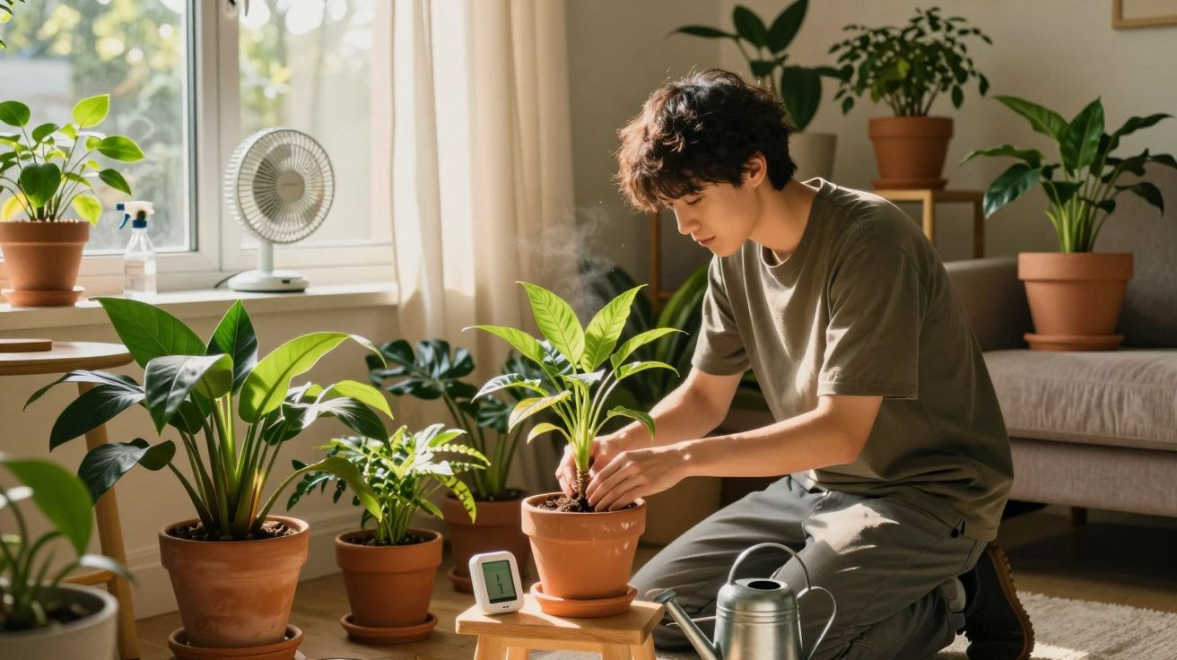 Pessoa cuidando de plantas em vasos dentro de uma sala iluminada por luz natural.