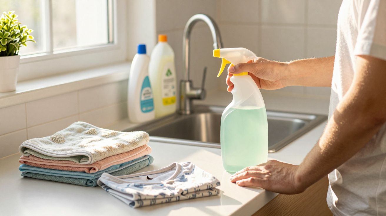 Pessoa segurando borrifador com líquido azul ao lado de roupas dobradas em balcão de cozinha.