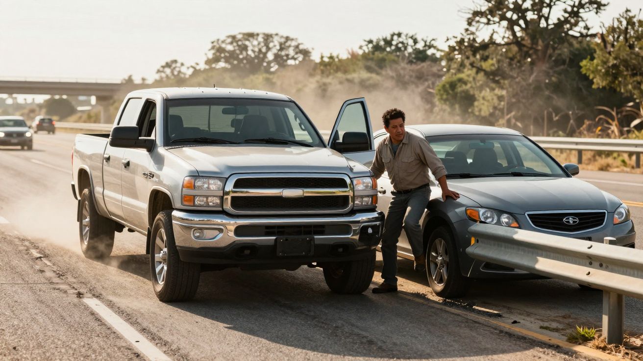 Homem saindo de carro cinza após colisão com caminhonete prata na beira da estrada.
