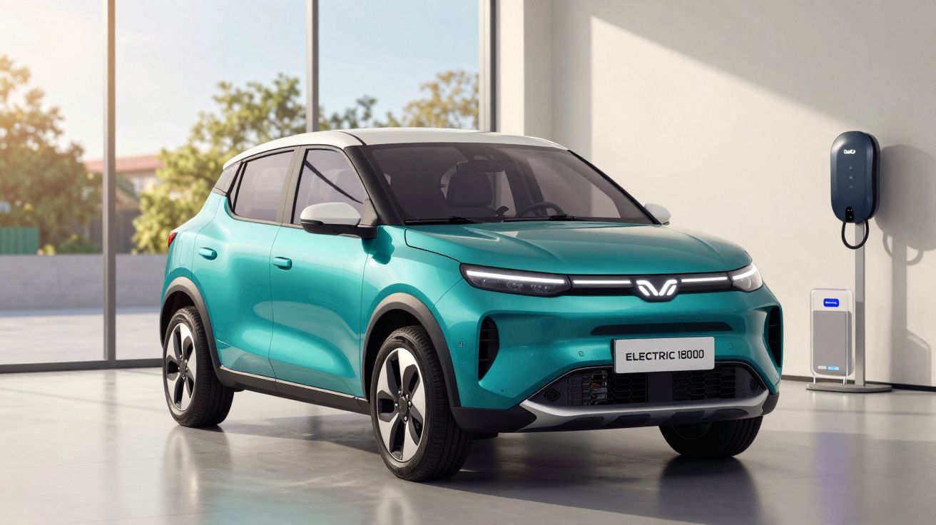 Carro elétrico verde em garagem iluminada com carregador na parede e janelas amplas ao fundo.