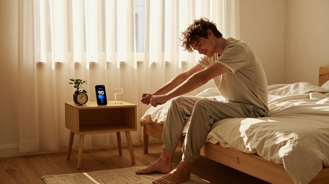 Homem acordando e espreguiçando-se sentado na cama em quarto iluminado pela manhã.
