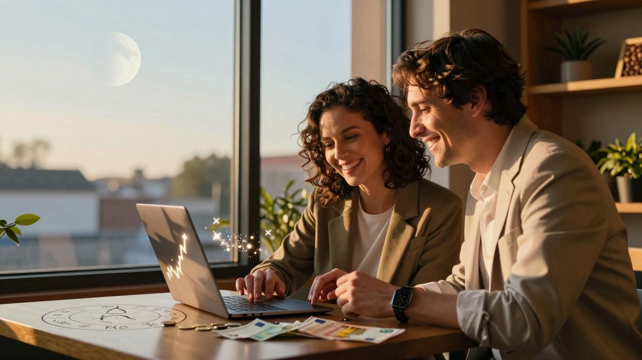 Casal sorridente usando laptop com elementos mágicos em mesa perto de janela ao entardecer.
