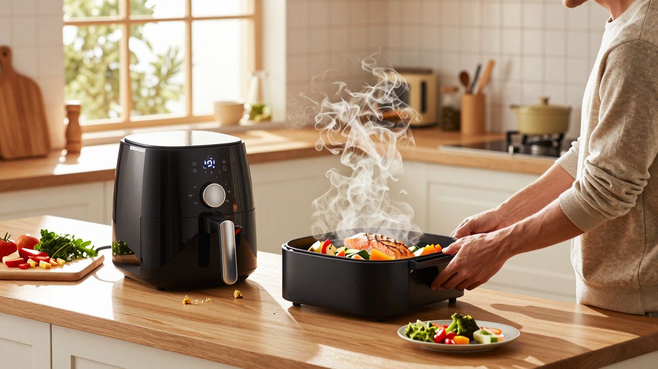 Pessoa retirando assadeira quente com legumes e salmão fumegante de fritadeira elétrica na cozinha iluminada.