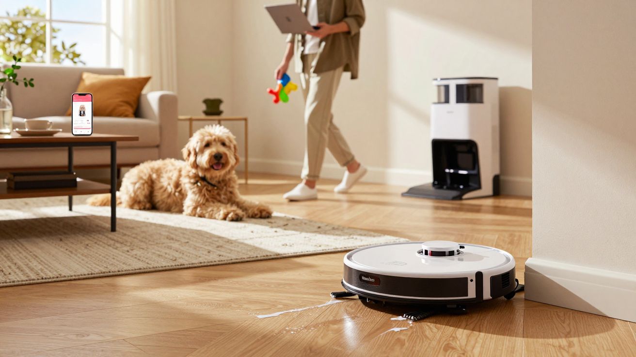 Aspirador robô limpando chão de madeira, cachorro deitado e pessoa com laptop e brinquedo no fundo.