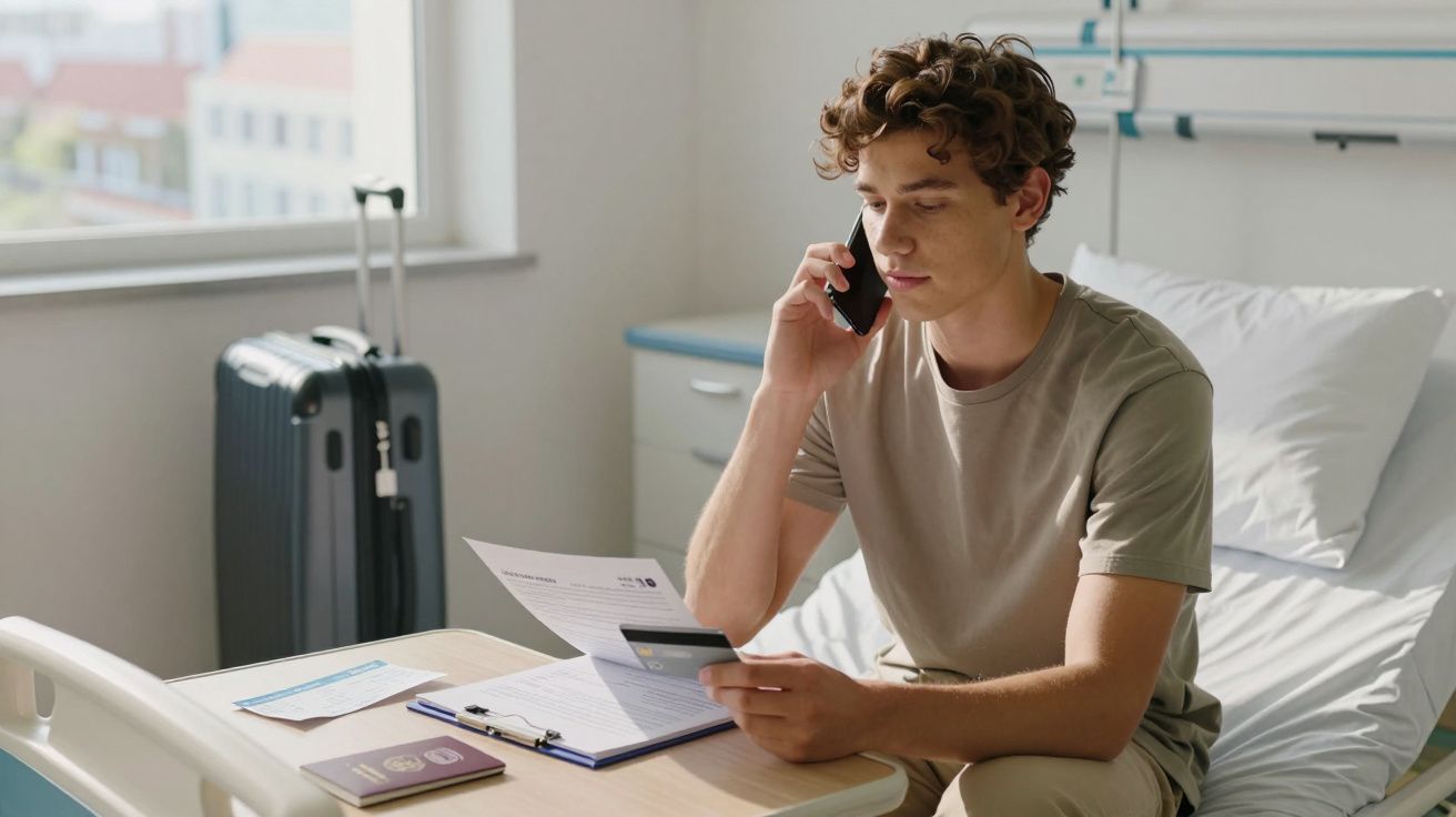 Jovem sentado na cama de hospital falando ao celular e segurando cartão e documentos de viagem.