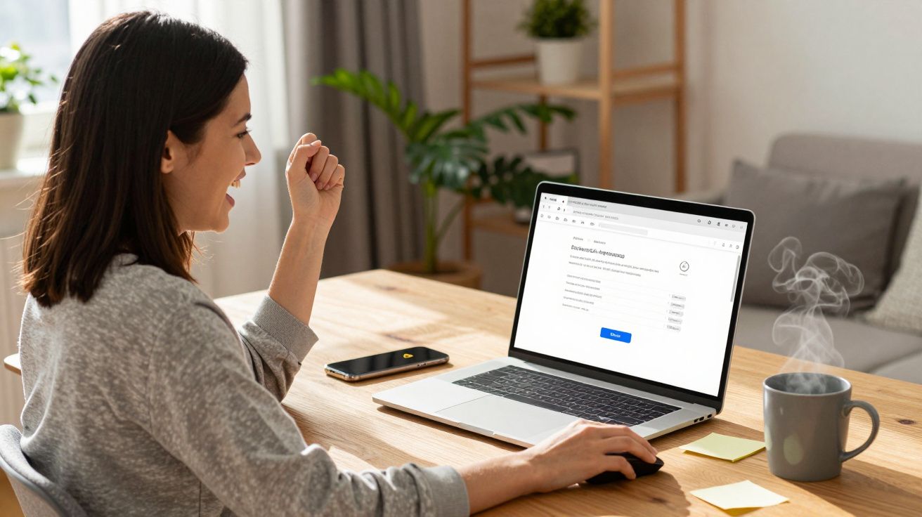 Mulher celebra vitória enquanto usa laptop em mesa com celular, caneca de café e plantas ao fundo.