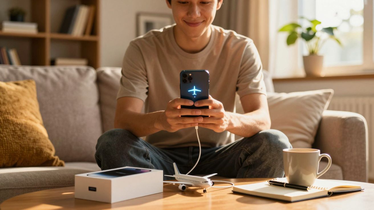 Jovem sentado no sofá segura celular com ícone de avião enquanto carregador está ligado a miniatura de avião na mesa.