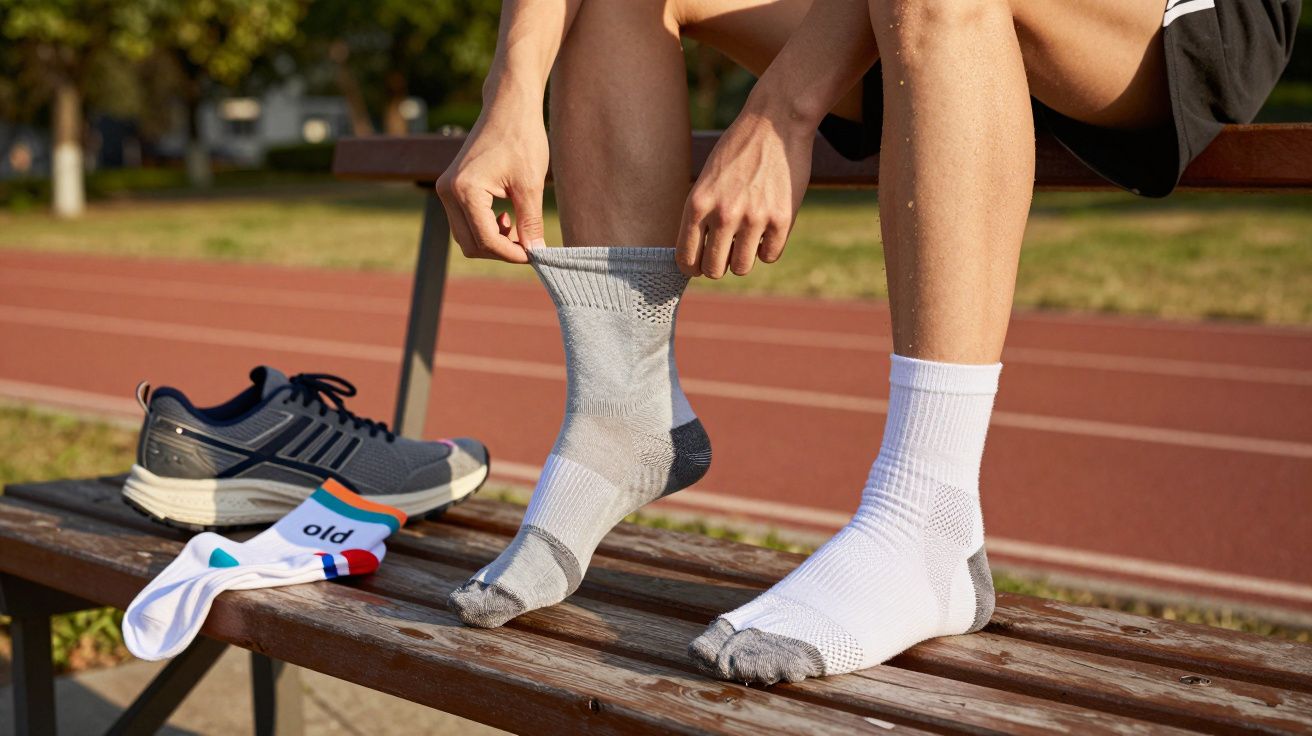 Pessoa sentada em banco ao ar livre vestindo meias esportivas, com tênis e outras meias ao lado.