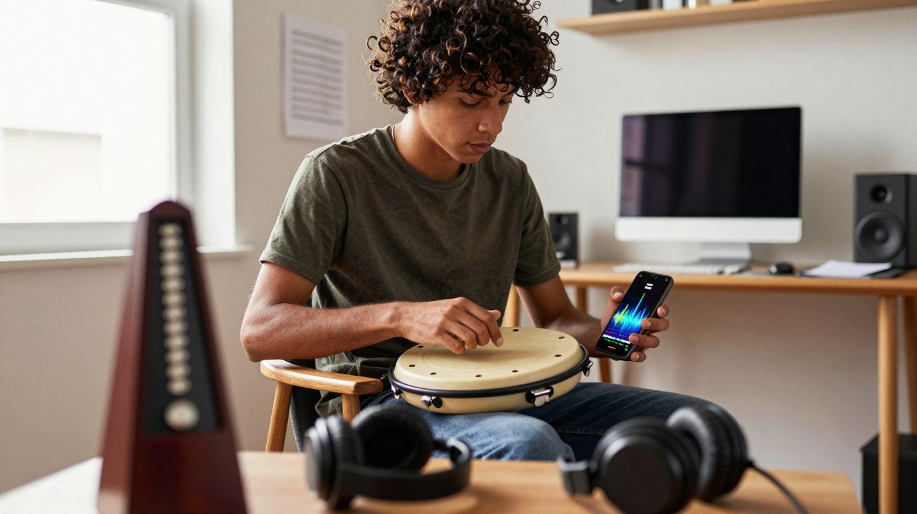 Jovem sentado em cadeira tocando tambor digital e segurando celular com aplicativo de música aberto.