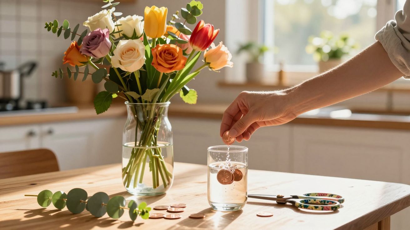 Mão colocando moedas em copo com água sobre mesa de madeira, ao lado vaso com flores coloridas e tesoura.