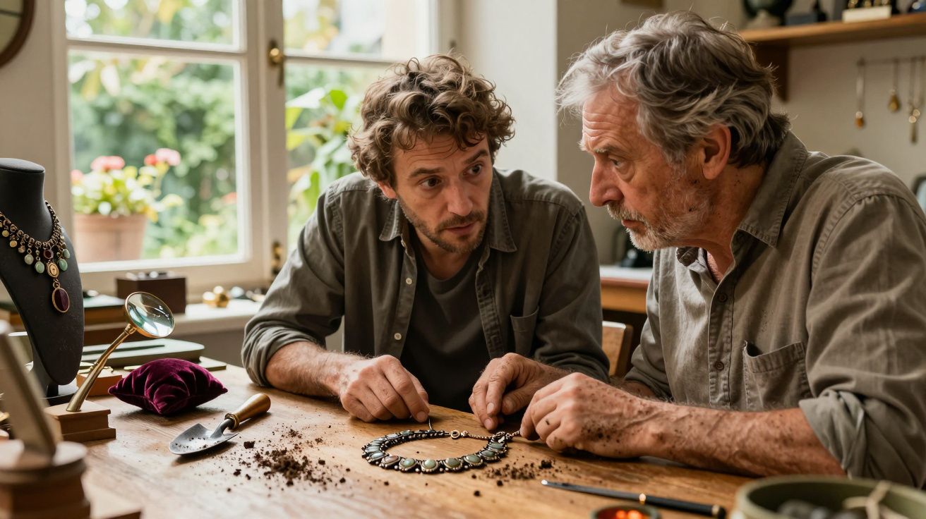Dois homens analisando um colar em uma mesa de trabalho com ferramentas de joalheria e iluminação natural.