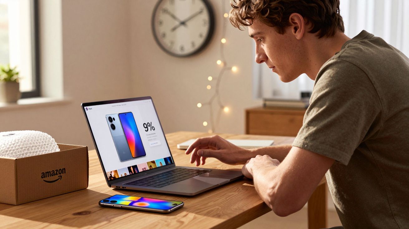 Jovem sentado à mesa usando notebook para comprar celular, com caixa da Amazon e smartphone na mesa.