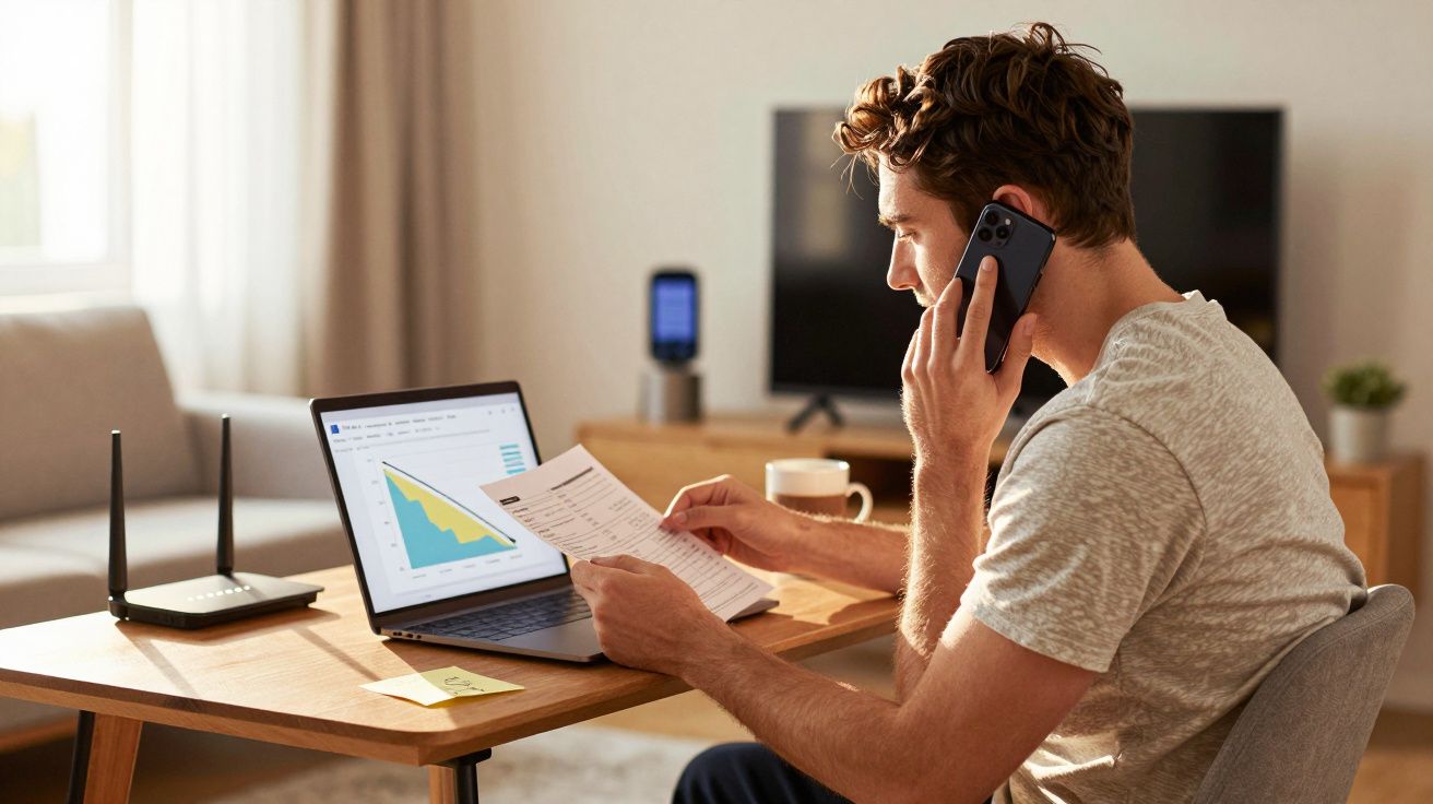 Homem trabalhando em casa analisando gráficos no laptop e falando ao telefone em mesa com roteador Wi-Fi.