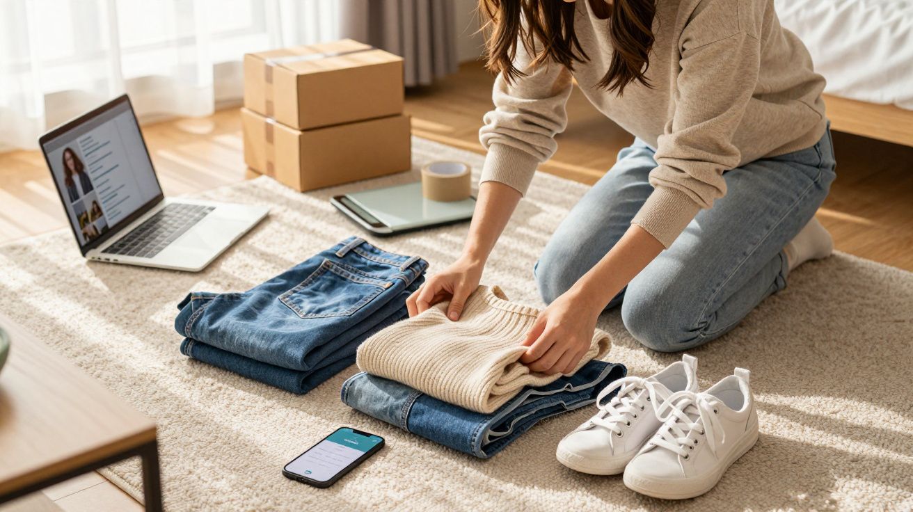 Pessoa organizando roupas para venda online com laptop, celular e caixas ao fundo em ambiente interno.