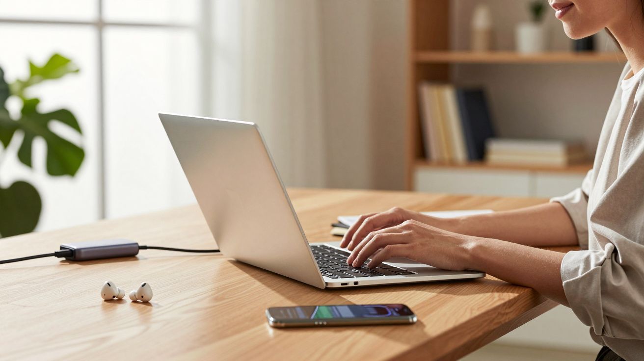 Pessoa usando laptop em mesa de madeira com fones de ouvido e celular ao lado, ambiente iluminado e organizado.