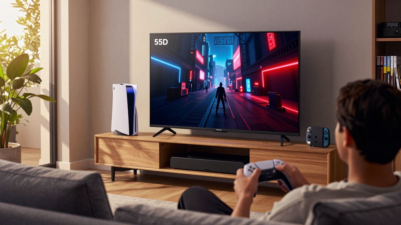 Homem sentado no sofá jogando videogame em TV 55D com controle branco em mãos.