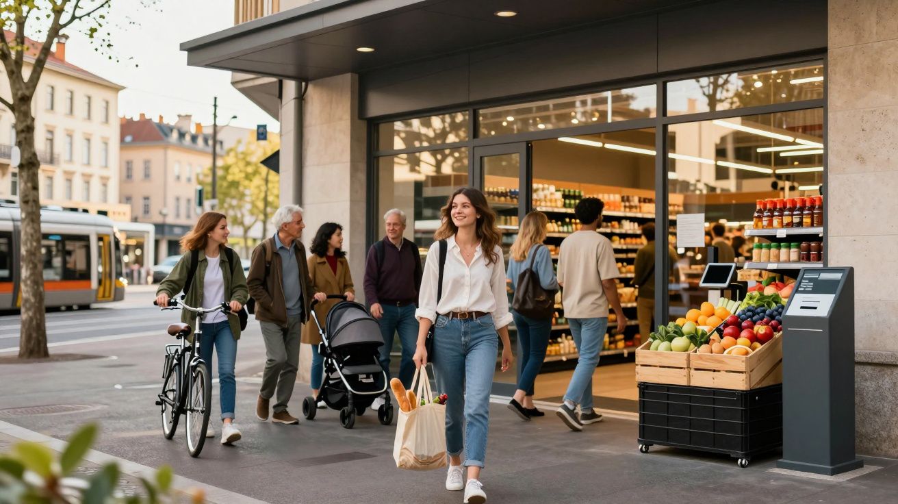 Mulher sorridente saindo de supermercado com sacola de compras, pessoas e bicicleta ao redor na calçada da cidade.