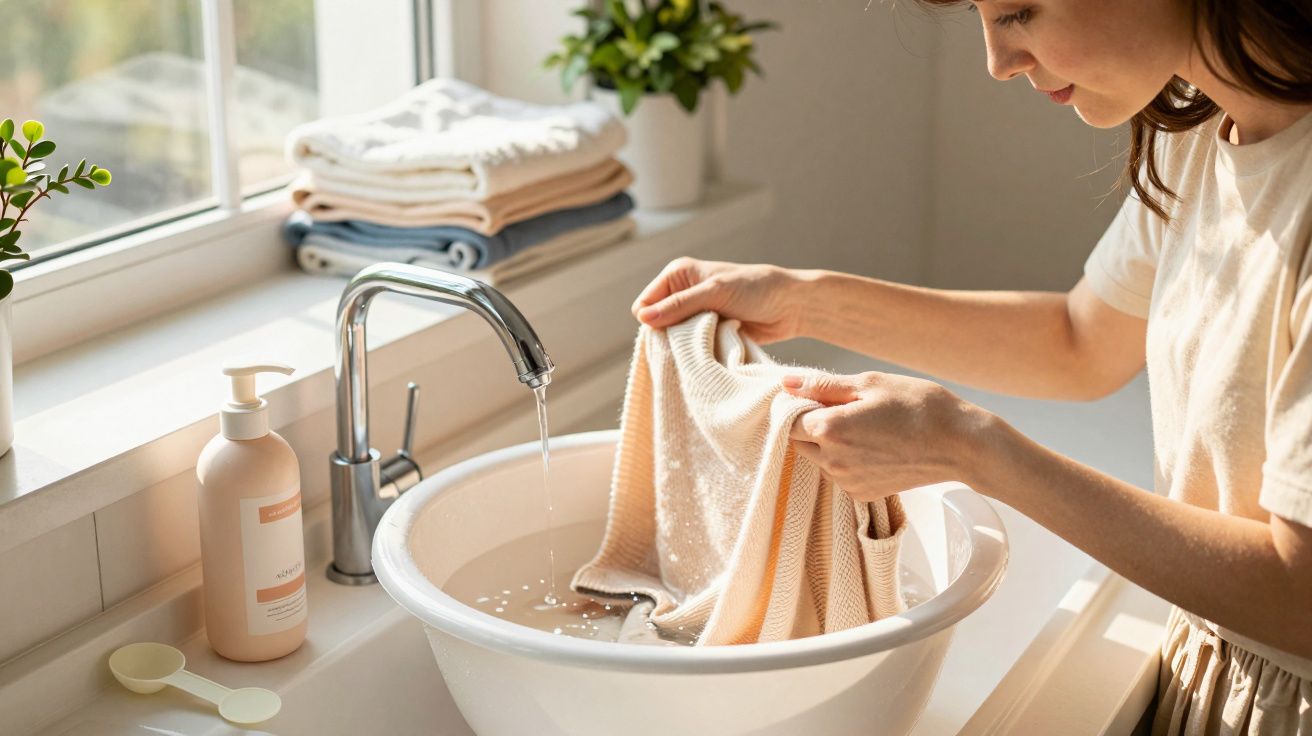 Mulher lavando roupa à mão em bacia com torneira aberta em ambiente iluminado e organizado.