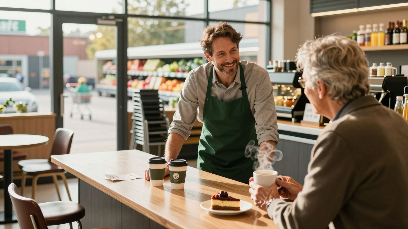 Homem de avental atendendo cliente idoso que segura xícara quente em cafeteria moderna.
